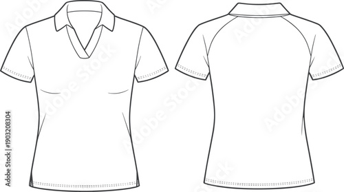 Fashion technical sketch of a women short sleeve polo shirt front and back view for coloring book page or apparel design vector illustration isolated