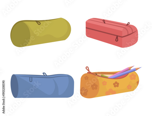 Collection of pencil cases isolated on white background. Office and school supplies, creative tools and materials. Back to school. Vector Not AI generated