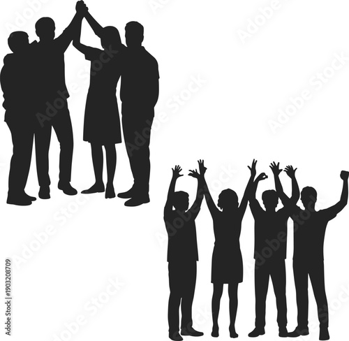 Silhouette of business team celebrating victory with high five, group of people cheering together isolated on white background, teamwork success and collaboration concept.