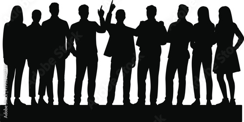 Silhouette of business team standing together in a row, corporate group teamwork and leadership concept, professional people collaboration isolated on white background illustration.