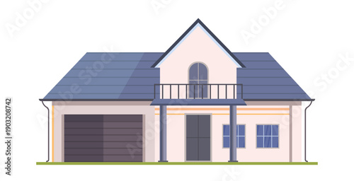 Suburban house with a blue roof, garage, front door, and balcony with black railing. Exterior view of an urban townhouse or cottage building on a white background. Vector Not AI generated.