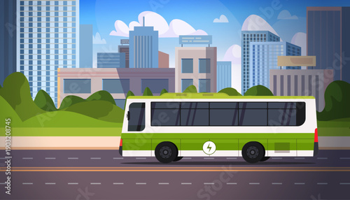 Green electric bus powered by renewable energy traveling along a multi-lane road in a modern cityscape. Clean energy. Zero-emission public transport. Urban mobility. Vector. Not AI generated.