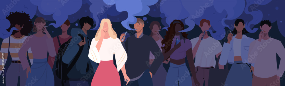 Obraz premium A woman is exposed to secondhand smoke from cigarettes and vaping as she stands near smokers. The illustration highlights nicotine addiction among youth and the harmful impact of passive smoking. 