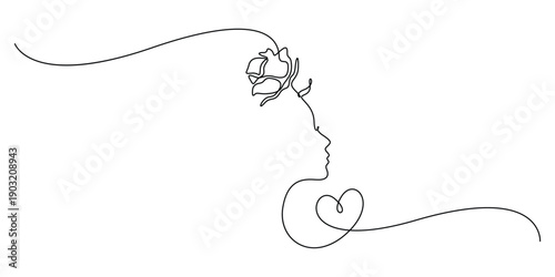 Single continuous line drawing of a woman's profile, with a flower and a heart shape vector illustration