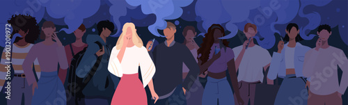 A woman is exposed to secondhand smoke from cigarettes and vaping as she stands near smokers. The illustration highlights nicotine addiction among youth and the harmful impact of passive smoking. 