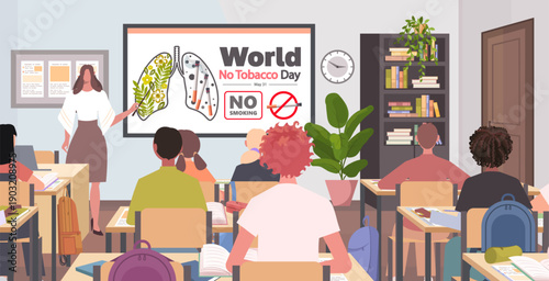 World No Tobacco Day, observed on May 31st. A teacher conducts classes on the dangers of smoking. Educational campaign against tobacco use. Vector Not AI generated