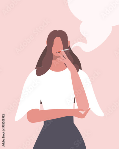 Office employee holding a cigarette, depicting smoking behavior and nicotine addiction. Woman smoker isolated on a pastel pink background. Vector Not AI generated