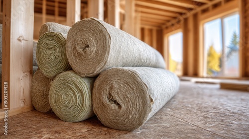 Rolls of natural fiber insulation stacked inside a wooden house under construction.