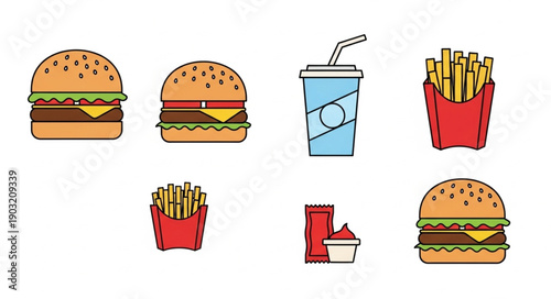 Collection of fast food items including burgers fries and drinks.
