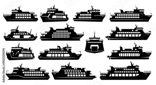Collection of Ferry Boat Silhouettes Isolated on White Background.