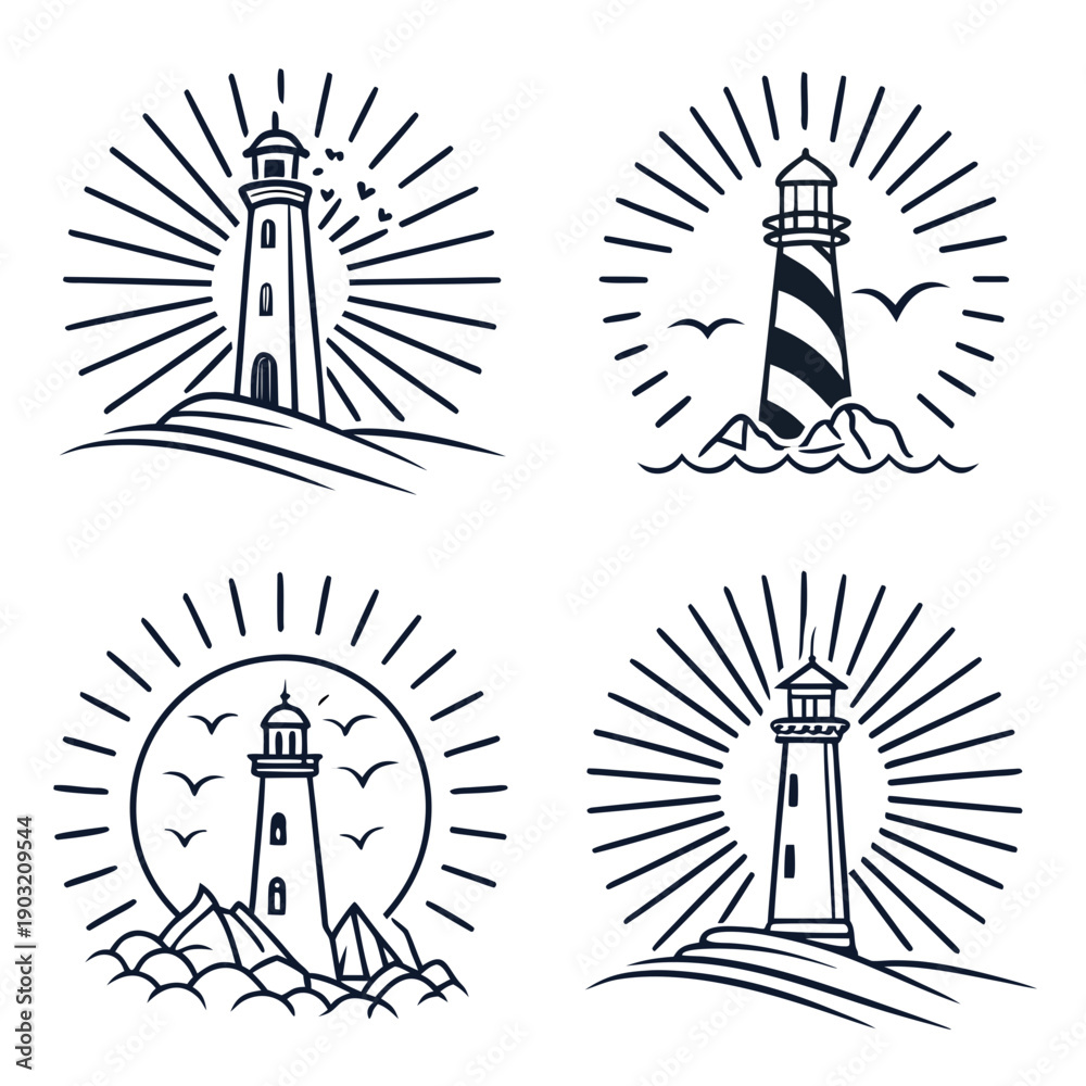 Fototapeta premium Four lighthouses depicted with varying designs and intricate details in a symmetrical arrangement Vector