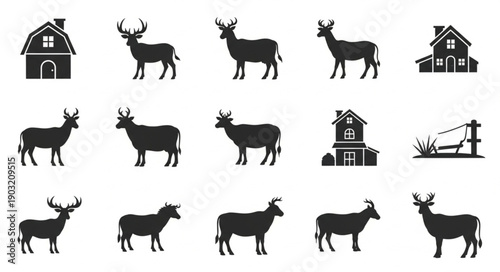 Collection of farm animals and buildings silhouettes.