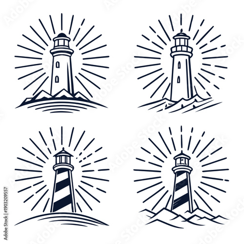 Four lighthouses with different numbers of light rays emanating from them Vector