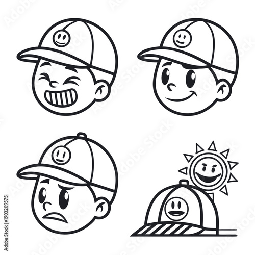 A whimsical illustration of various characters wearing baseball caps with distinct expressions Vector