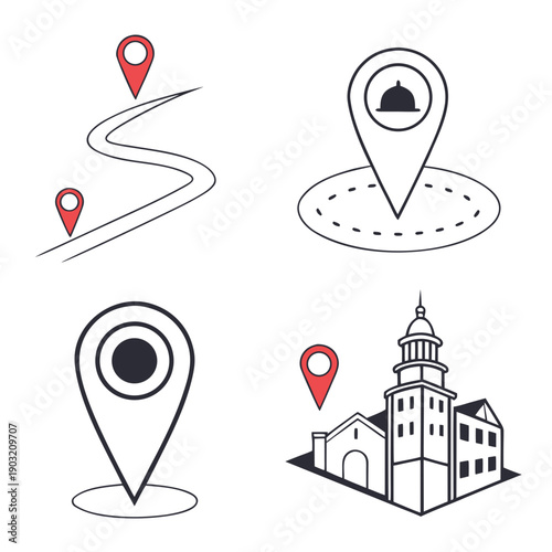 Four location icons representing different types of places and services Vector