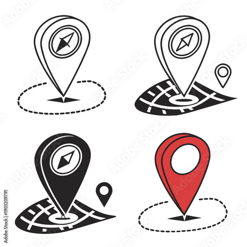 Four location markers on a map with different colors and designs Vector