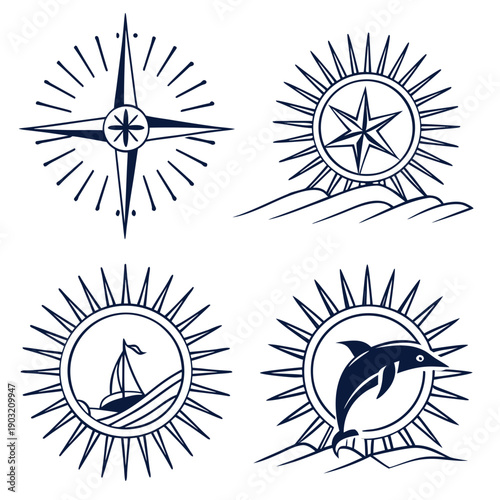 Four distinct nautical symbols arranged in a square formation. Vector