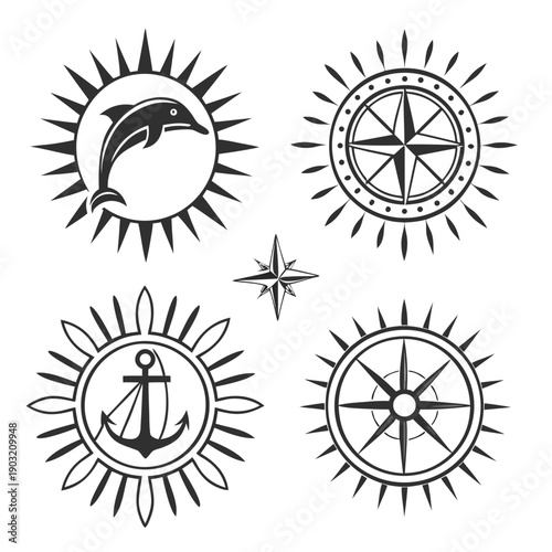 Four nautical symbols set against a circular background with radiating lines Vector