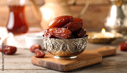 Rich, sweet dates overflowing a decorative silver bowl, soft light