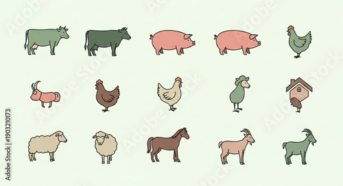 Collection of Farm Animals in a Simple Cartoon Style.