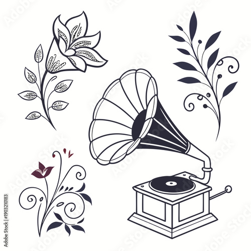 Vintage gramophone surrounded by elegant floral illustrations in black and white Vector