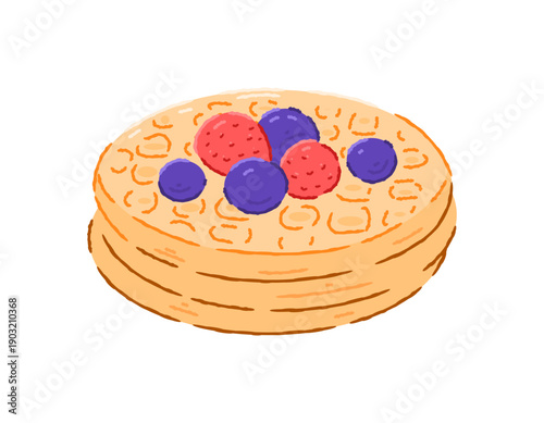 Illustration of a stack of waffles topped with blueberries and strawberries. Waffle day. Breakfast, sweets, and desserts. Flat style outline crayon. White background.