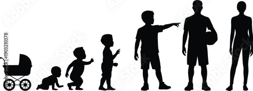 Silhouette of human life stages from baby stroller to adult man and woman, childhood growth development concept, family generation evolution isolated on white background.