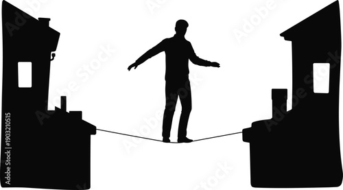 Silhouette of man balancing on tightrope between buildings, risk challenge and courage concept, business decision making and stability strategy isolated on white background illustration.