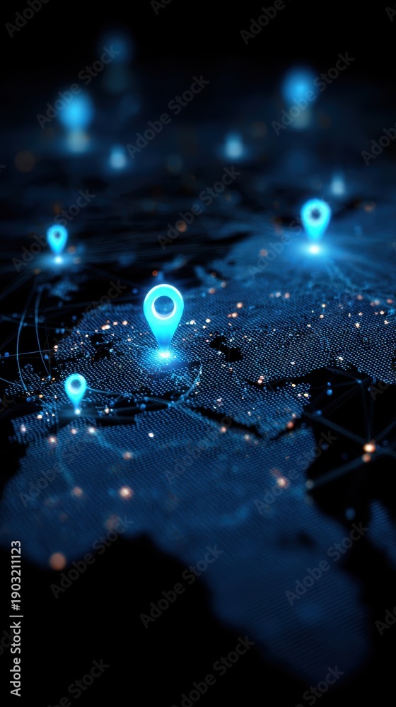 Fototapeta premium Vibrant photo of Vertical orientation of digital world map with glowing blue location pin markers, mobile wallpaper concept