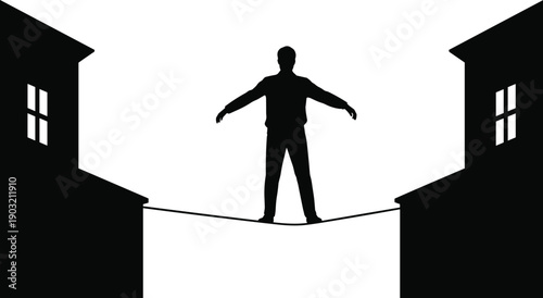 Silhouette of man walking on tightrope between buildings, risk challenge and balance concept, business decision and courage strategy isolated on white background illustration.