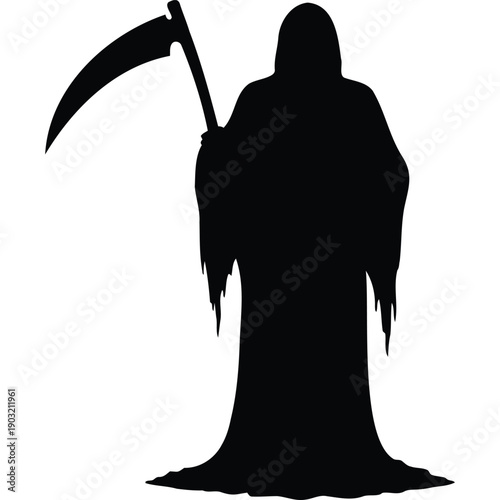 Grim Reaper Silhouette with Scythe: Dark, Ominous Figure in Flowing Robe Symbolizing Death and Afterlife
