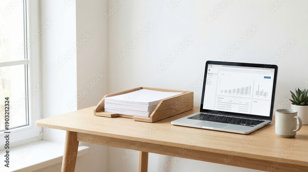Fototapeta premium Modern Home Office Setup with Laptop and Paper Tray on Wooden Desk.