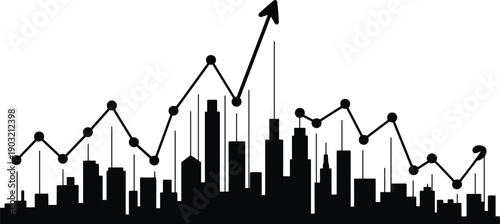 Urban city skyline silhouette with rising stock market chart and upward arrow, financial growth and business success concept, economy analytics illustration isolated on white background.