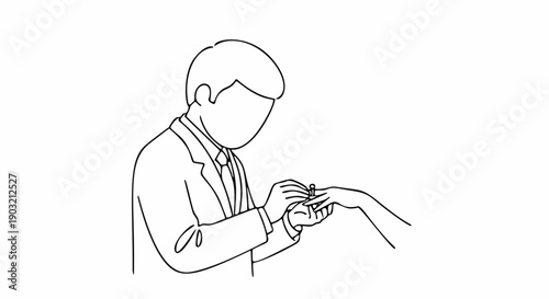 Groom putting wedding ring on bride's finger doodle, minimalist hand drawn marriage proposal and wedding ceremony.