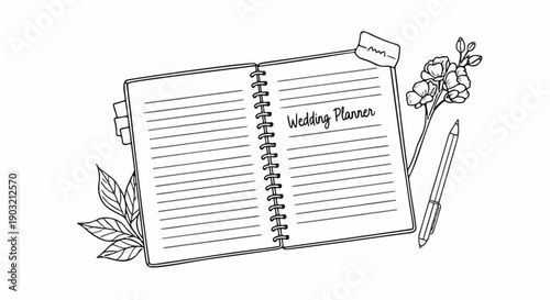 Wedding planner notebook with flowers and pen, hand drawn doodle illustration, marriage organization and event planning concept.