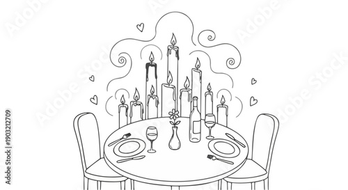 Romantic candlelight dinner table for two doodle, hand drawn date night with wine and candles line art illustration.