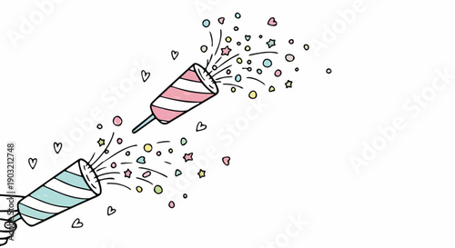 Colorful party poppers with flying confetti and hearts doodle, hand drawn celebration and birthday surprise illustration.