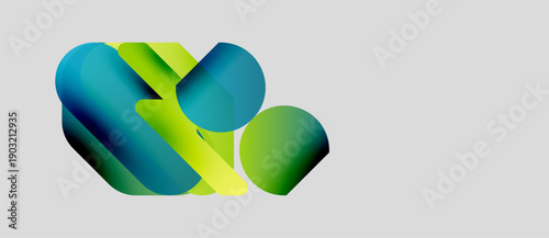 Abstract shapes overlap, creating vibrant green, yellow, blue gradients. Modern design, clean background, simple composition.