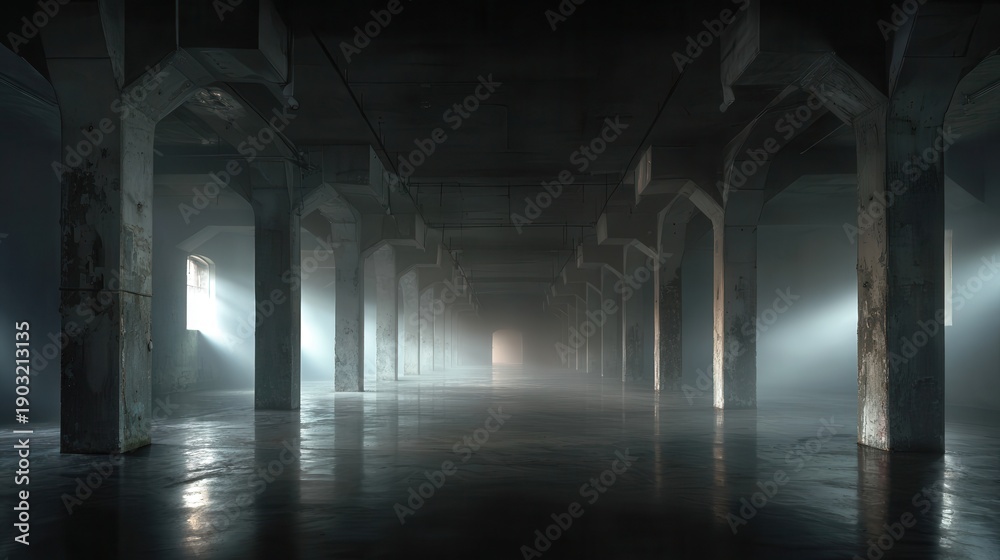 Obraz premium Empty industrial concrete basement with dramatic light rays and mist