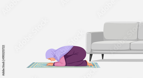 Muslim Woman Praying on Mat in Living Room Near Sofa