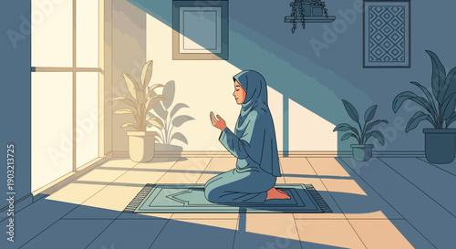 Muslim Woman Praying in Sunlit Room, Religious Devotion, Islamic Faith