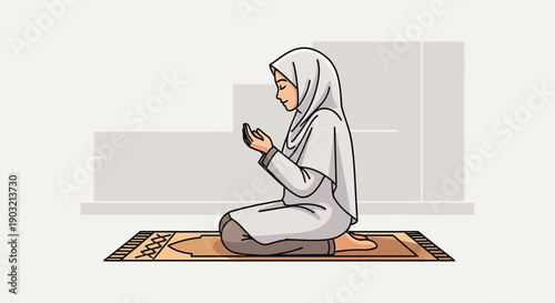 Muslim Woman Praying on Prayer Mat, Wearing Hijab, Peaceful Devotion and Faith