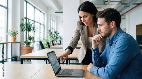 Two diverse professionals collaborating on a laptop in a modern office.