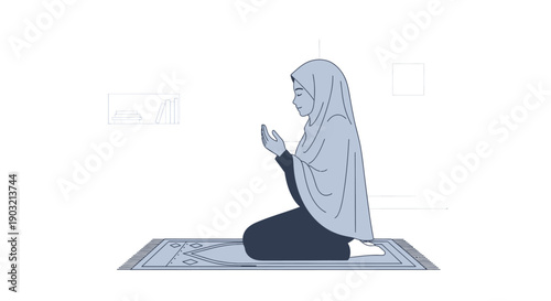 Muslim Woman Praying on Prayer Rug - Islamic Faith and Devotion Illustration