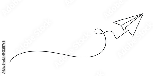 Continuous line drawing of a paper airplane, a minimalist design represent creativity, travel, or sending messages