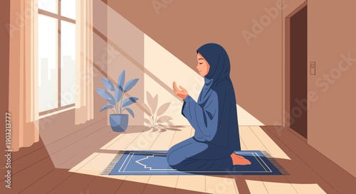 Muslim Woman Praying on Rug in Sunlit Room
