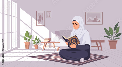 Muslim woman reading Quran at home, serene, sunlit room, Islamic culture, spiritual practice