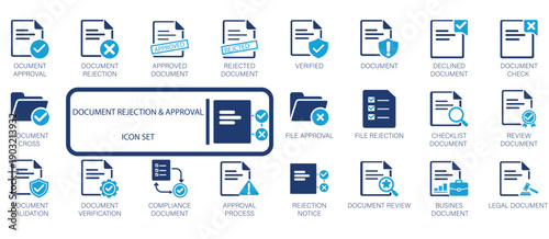 Document rejection and approval icon set featuring verified files, approved status, document check, compliance verification, rejected notice, and legal document review symbols.