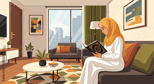 Muslim Woman Reading Quran at Home