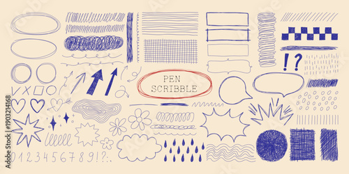 Blue pen messy scribble, arrows, textures and hatching elements. Doodle notes, various shapes, speech bubbles for grunge design. Sketchy handwritten vector clipart